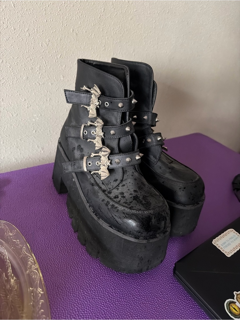 Demonia Black Platform Ankle Boots with Studded Buckle Straps